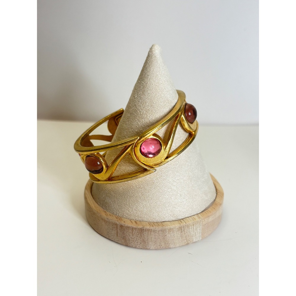 1980s Clamper Bracelet Pink Purple Cabochon Accents Gold Tone